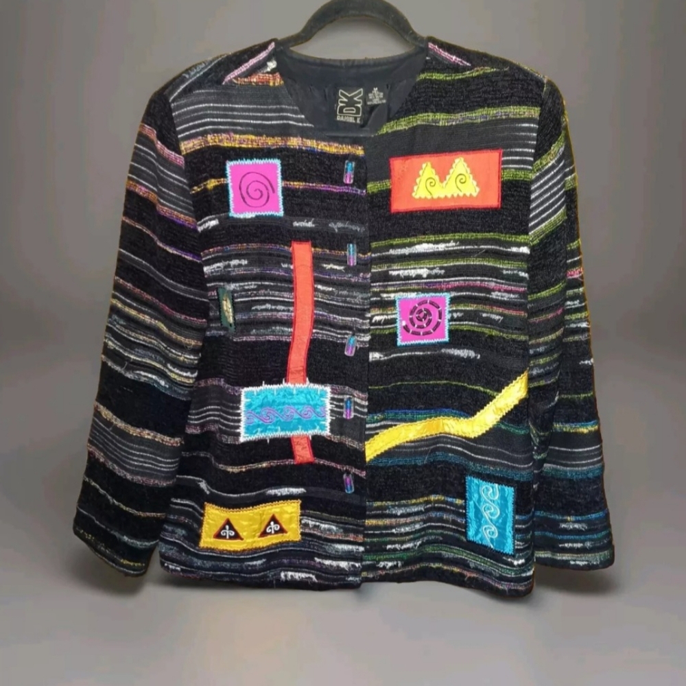 VTG Daniel K New York Women's M Blazer Jacket Aztec Neon Glass Button  Embroid